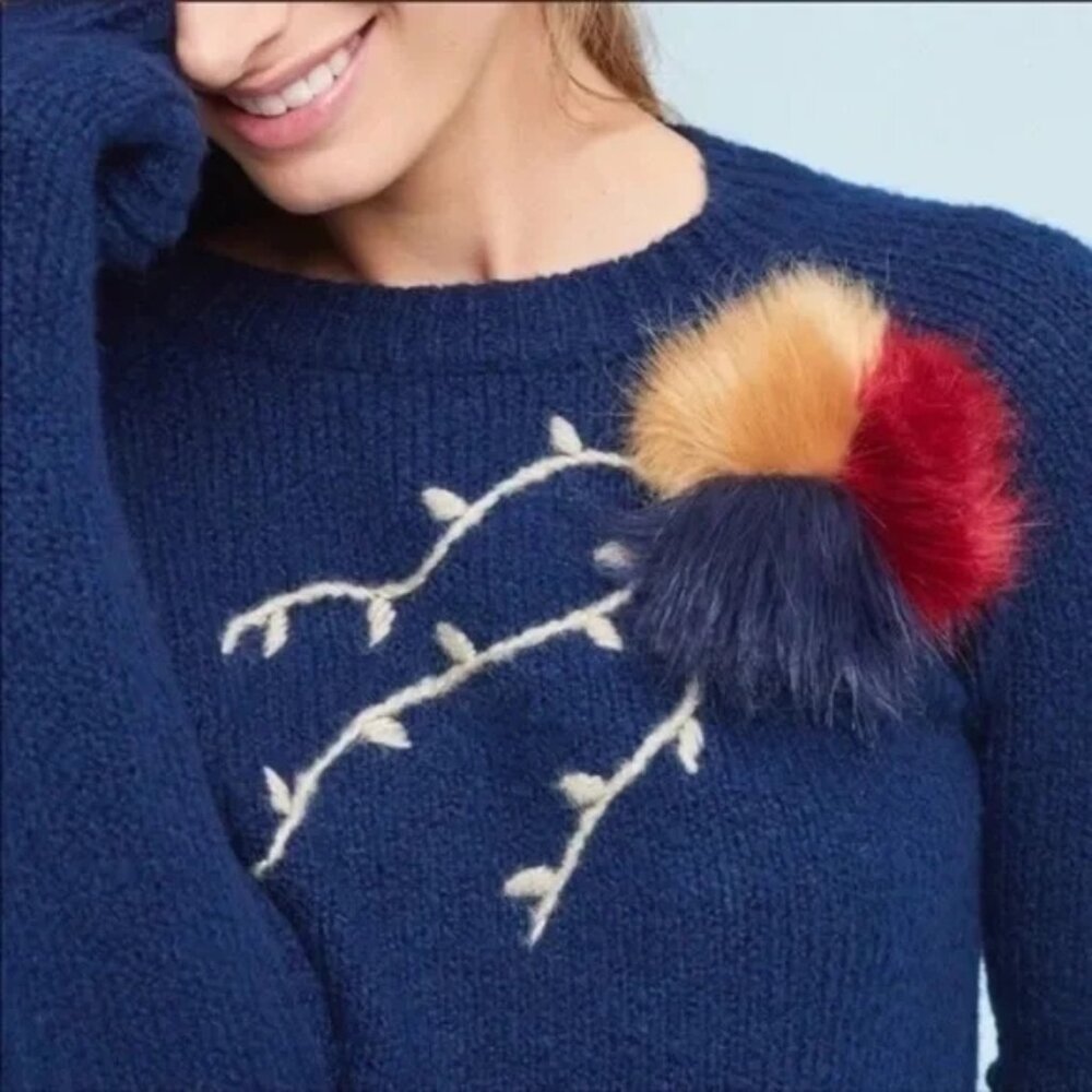 Anthropologie Evie Field Flower Navy Long Sleeve Pom Pom Embroidered Sweater